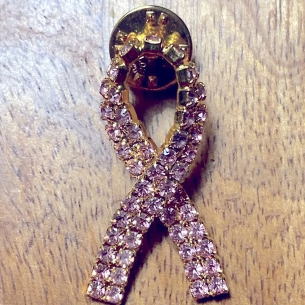 Vintage Ballou Pink Rhinestone Pink Ribbon Breast Cancer Lapel Pin Ladies Brooch